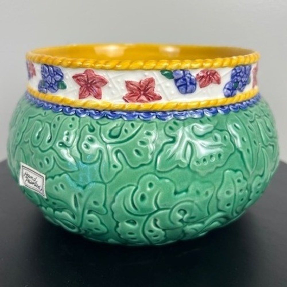 Fitz and Floyd Hand Painted Ceramic Decorative Bowl Green Leaf Floral 5.5in